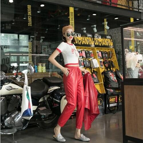New Spring Women Drawstring Elastic Waist Real Leather Trousers Ladies Streetwear Harajuku Slim Split Harem Lambskin Pants