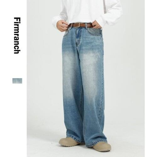Firmranch Fall/Winter Men/Women Retro Blue Loose Straight Long Jeans 90s Vintage Casual Trousers All Match Korean Denim Pants