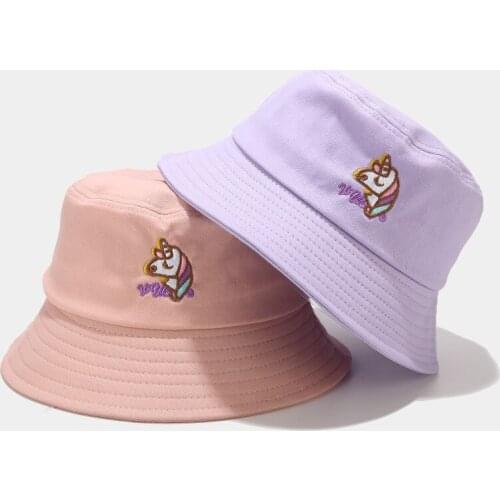 New Cute Cartoon Unicorn Embroidery Fisherman Hat Womens Summer Bucket Hat Student Letter Outdoor Visor Unisex Panama Cap