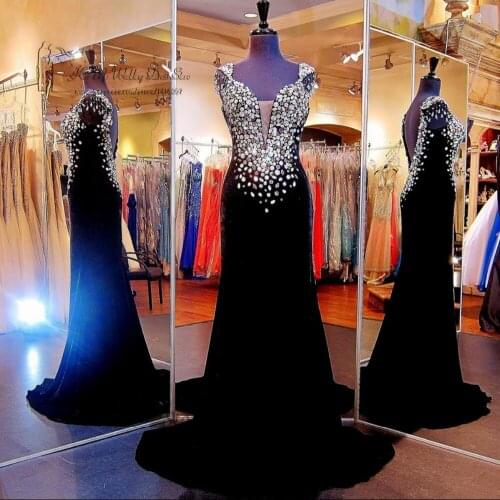 Luxury Crystal Black Formal Evening Gowns Dresses Abendkleider 2016 Long Mermaid Prom Dresses Backless Robe de Soiree Courte