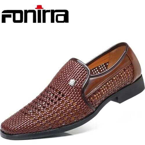 FONIRRA 2019 New Summer Mens Leather Sandals Genuine Leather Soft Bottom Slip-on Hole Shoes Hollow Weave Dad Shoes 388