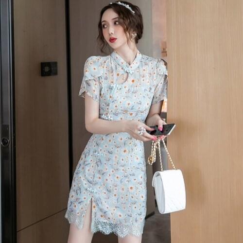 Improved Cheongsam National Dress Modern 2021 Chinese Young Girls Slim Split Hollow Retro Floral Female Qipao Dress Summer 2021