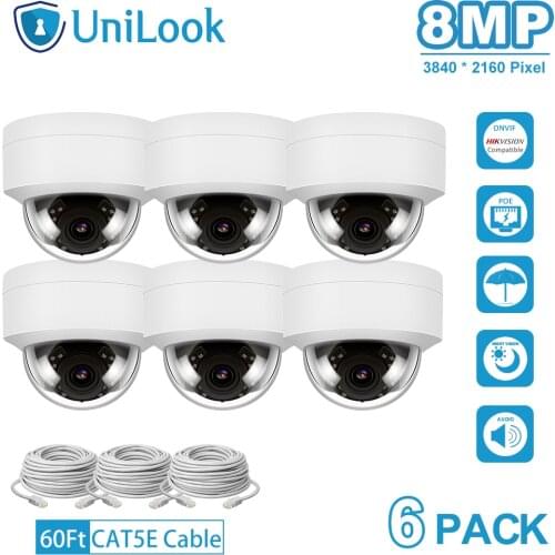 UniLook 4K 8MP IP Camera POE Outdoor Security Camera 6 PCS In Package Built-in Mic IP66 IR 30m Hikvision Compatible Onvif H.265