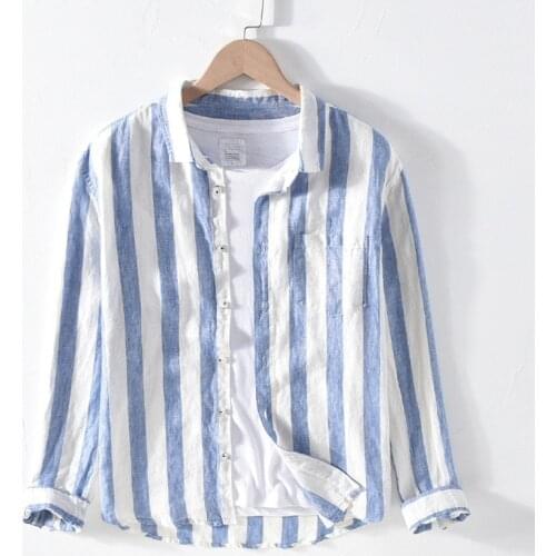 Stirped 100% Linen Shirts Men Long-sleeved Casual Turn-down Collar Shirts Top Quality Pure Flax Dress Shirts Male Camisas TS-582
