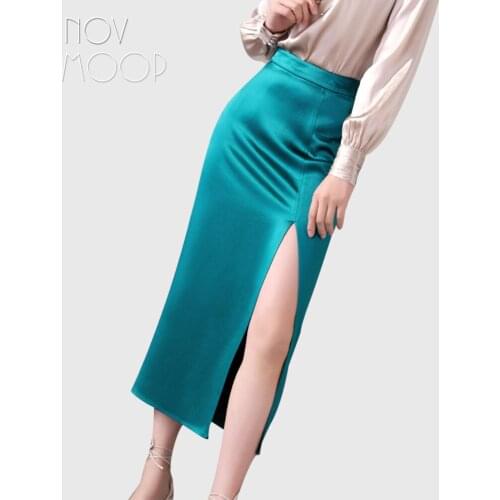 Novmoop top quality imported acetate women skirt split at front sexy elegant office lady events wear wedding party LT3532