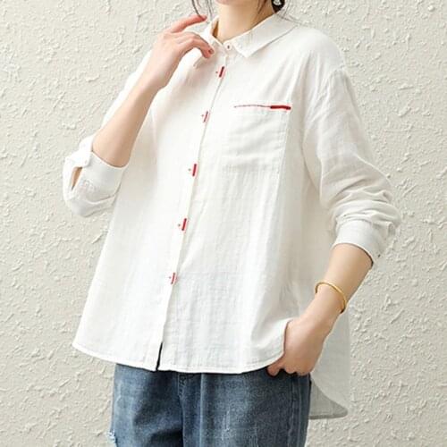 Johnature Cotton Linen Solid Color Turn-down Collar Single Breasted Long Sleeve Shirt 2020 Autumn New Loose Leisure Women Tops
