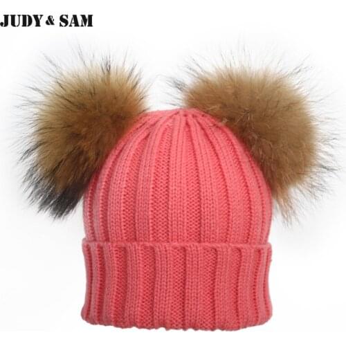 Double Pompom Women Winter Hat Blend Wool Knitted gorros Cap with Natural Color Raccoon Fur Pompon