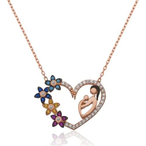 KUTAYDAN 925 Sterling Silver Heart Mother Child Lady Necklace
