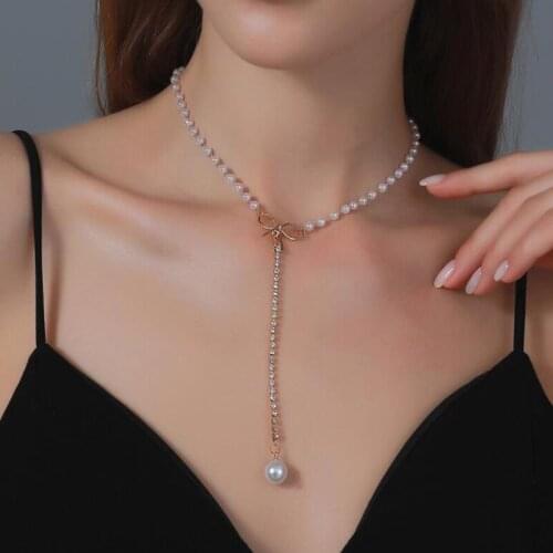 Goth Imitation Pearls Bowknot Necklace for Women Crystal Gold Color Clavicle Chain Necklace Vintage Collier Neck Jewelry Gift