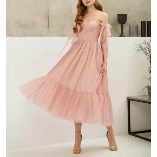 Lon Vintage V-Neck A-Line Pink Evening Dresses Strapless Tea Length Zipper Back Pleated Formal Party Dresses for Women