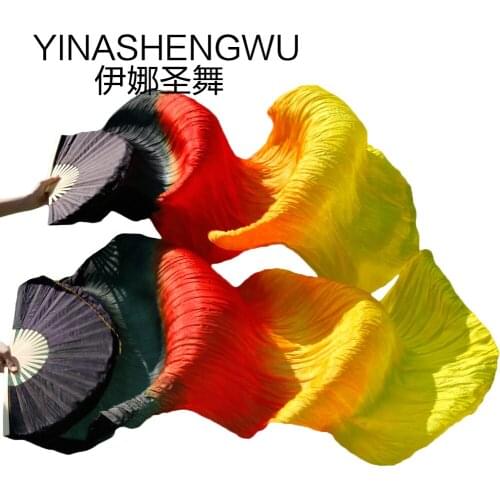 Stage Performance 100% Silk Belly Dance Fans Gradient Colour Dance Accessories Belly Dancing Silk Fans black+red+orange+yellow