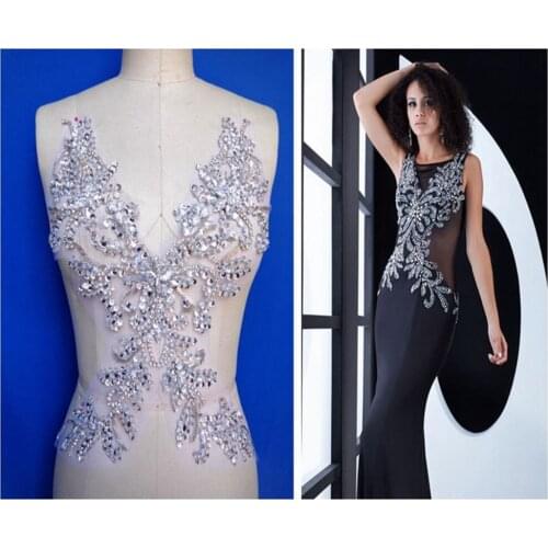Pure hand made sew on Rhinestones applique on mesh silver crystals patches 39*29cm dress accessory
