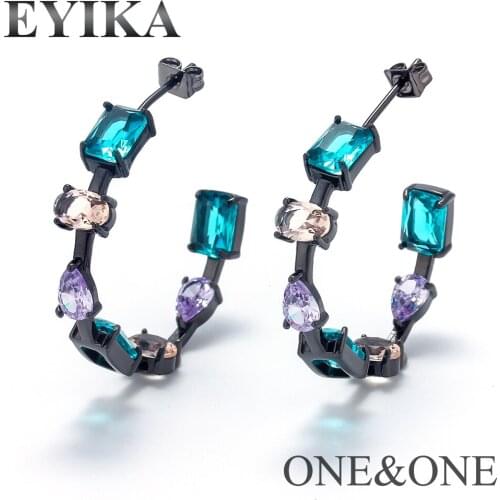 EYIKA Women Fashion Glass Semicircle earrings Multi Color C shape Stud Earrings black plated Female Jewelry for Engagement Party