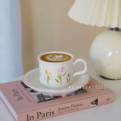 French Retro Ceramic Fresh Butterfly Orchid Cute Flower Coffee Cup and Saucer Set Afternoon Tea Cup Latte Cup Flower Tea Cup