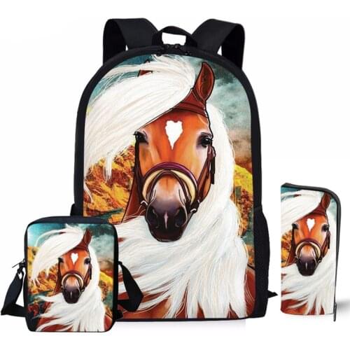 Horse 3D Printing Women Children Backpacks Pencil Bag 3Pcs/set Portfolio School Bags For Boys Girls Bookbag Satchel