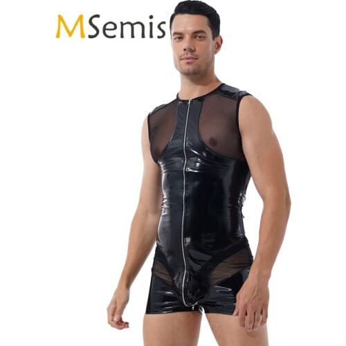 Mens See-through Mesh Patchwork Zipper Bodysuit Wet Look Patent Leather Bugle Pouch Round Neck Sleeveless Short Jumpsuit