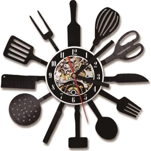 Kitchen Vinyl Record Wall Clock Modern Design Knife and Fork Time Clock with 7 Colors Cahnge 3D Wall Watch Home Decor