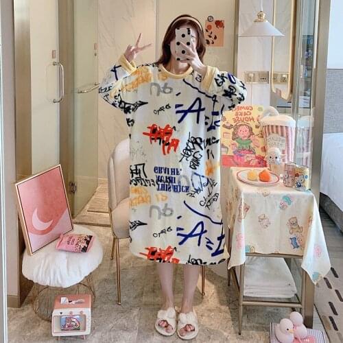 SLPBELY Women Nightgown Nightdress Winter Coral Fleece Thick Nightwear Cute Cartoon Long Sleeve Night Dress Female Home Clothing