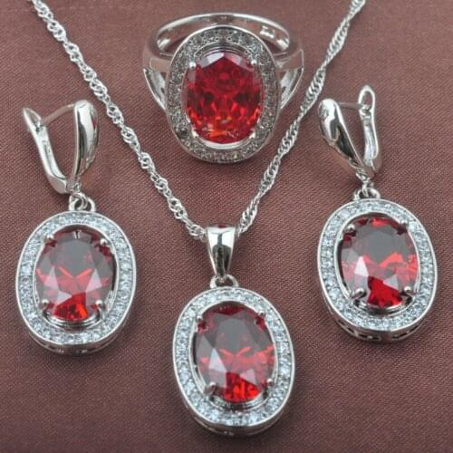 2020 New Red Cubic Zirconia Wedding Womens Jewelry Sets Silver Color Ring Necklace And Earrings Set TZ093