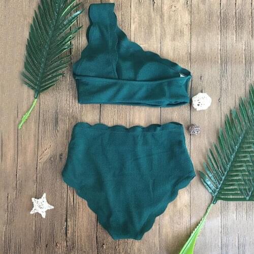 Solid Color Lady One Shoulder Scalloped High Waist Bikini Set Two-piece Swimsuit