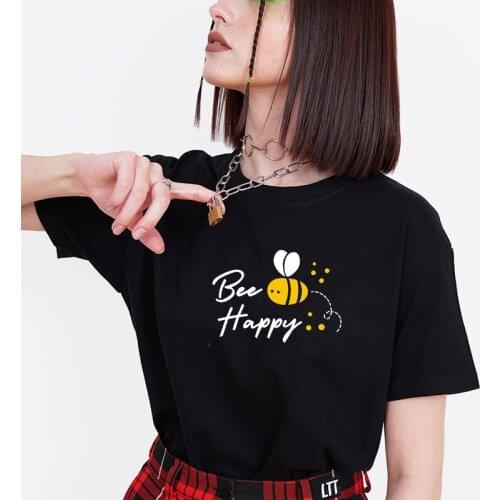 Bee Happy Funny Bees Printed Women T Shirts Save The Bees Graphic T-shirt Summer Fashion Streetwear Tops Black Cotton Shirts Top