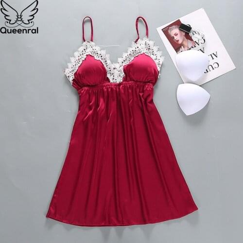 Queenral Nightgowns Womens Sleep Lounge Night Dress Night Gown Sleepshirts Sleepwear Nightie Nightwear Satin With Chest Pad