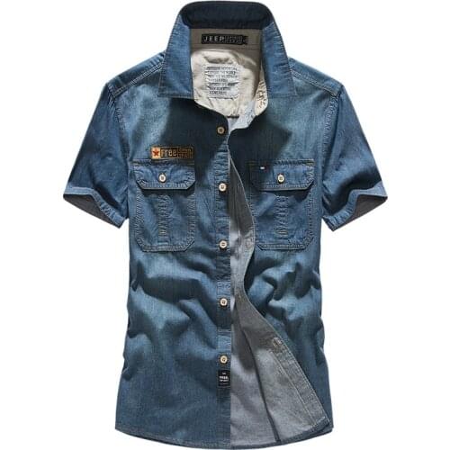 Summer Short Sleeved Shirt Mens Casual Korean Style Trendy Pure Cotton Denim Shirts Slim Male Retro Blue Jean Tops Mens Clothes