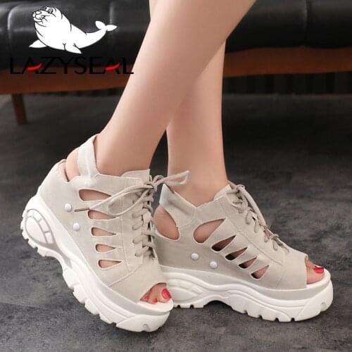 LazySeal Platform Height Increasing Thick Sole Women Wedge Sandals Peep Toe Sandals Woman 2019 Summer Women Lace-up Shoes Women