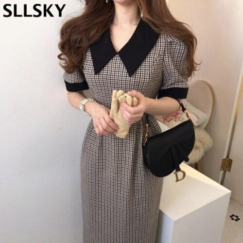 Sllsky Spring Plaid Dress Women Elegant Fold-down Collar Contrast Color High-waisted Slimming Mid-length Puff Sleeve Dresses