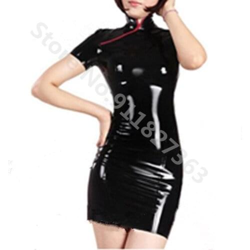 Unique Sexy Women Short Sleeve Black Latex Dress Fetish Rubber Cheongsam with Back Zipper