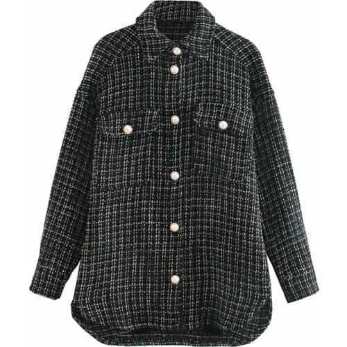 Vintage Long Sleeve Pockets Female Outerwear Chic Tops Women Fashion Oversized Faux Pearl Buttons Jacket Coat