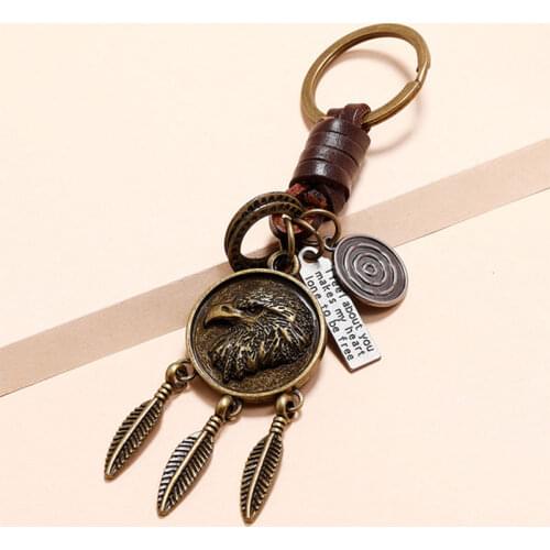 Vintage Eagle Pendant Hand Woven Leather Keychains for Men Car Key Chain Women Tassel Feather Keyring Charm Jewelry Friends Gift