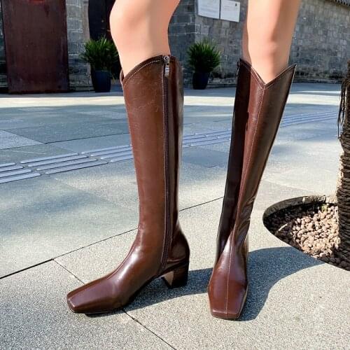 MEZEREON Square Toe Western Riding Equestrian Boots Cow Leather Thigh High Boots Med Heel 4.5 CM Classic Style Ladies Shoes