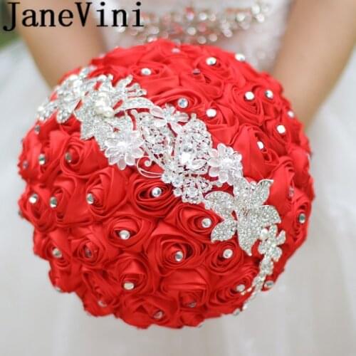 JaneVini High-end Crystal Red Bridal Bouquet Luxury Beaded Ribbon Rose Flower Bouquet Decoration Royal Blue Holder Flor Azul