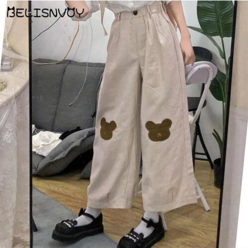 Japanese Kawaii Women Soft Girl Pants Harajuku Teen Girls Loose Thin Cartoon Bear Embroidery Pants Wild Casual Female Cute Pants