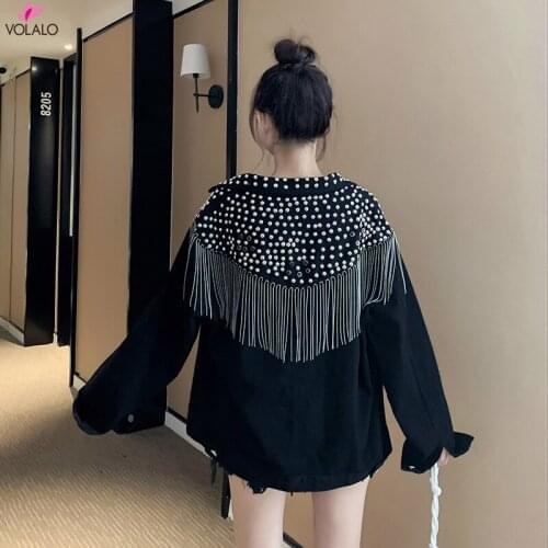 Boho Inspired Studded Fringe Trim Denim Jacket for women vintage black denim jacket women Long Sleeve Outerwear Jacket Women