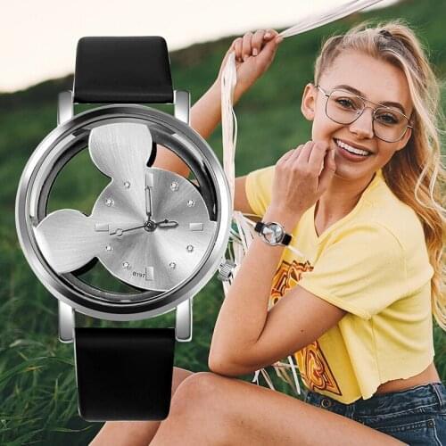Womens Watch New Fashion Mickey Crystal Watch Luxury Brand Hollow Leather Quartz Watch Boy Girl Watch reloj hombre 2019