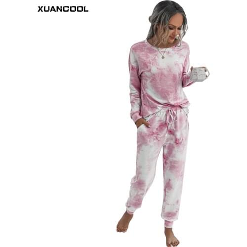 2020 Womens 2 Piece Tie Dye Drop-shoulder Sweatsuit Outfits Lounge Pajamas Set Loungewear Clothes for Women Tracksuit