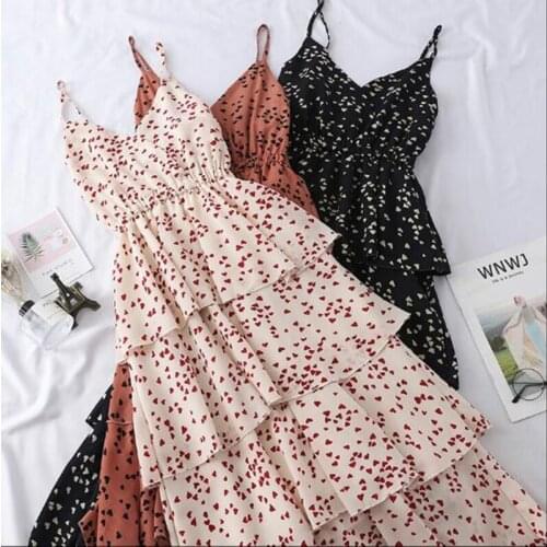 20211 New Summer Sweet Heart Print Spaghetti Strap Dress Women Slim V-Neck Beach Long Dresses Sleeveless Sundress Party