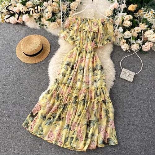 Syiwidii Floral Print Chiffon Dresses Women 2021 Summer Beach New Short Sleeve Sexy Ruffles Off Shoulder Midi Boho Sundress Pink