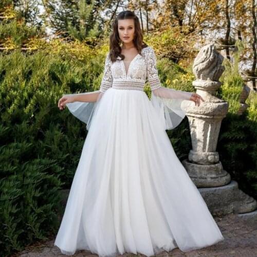 Thinyfull Princess Flare Sleeve Wedding Dresses V Neck A Line Tulle Bride Dresses Lace Appliques Zipper Vestido De Novia 2020
