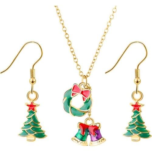 12pcs/lot Popular Winter Christmas Mix And Match Bell Necklace Green Christmas Tree Earring Set Jewelry