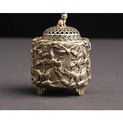 Antique Brass Crane Cat Lid Incense Burner Home Decoration Desk Ornament Accessories Sandalwood Censer Figurine Retro Collection