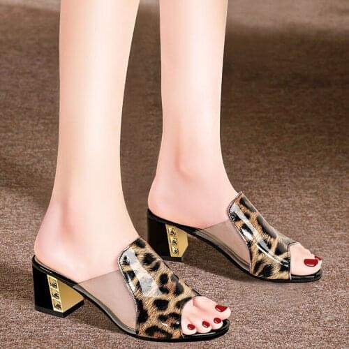 Summer Shoes Sandals Slippers 2021 New Fashion Ladies Open-toe Slippers Square Thick-heeled High-heeled Luxury Sandals leopard