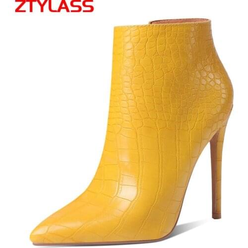 Black Yellow Women Sexy Thin High Heel Ankle Boots Fashion Zipper Stone Print Short Boots Lady Pointed Toe Autumn Winter Shoes