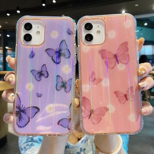 Luxury Aurora Laser Butterfly Phone Case For iPhone 11 12 Pro Max 12Mini XR XS 7 8 Plus SE 2020 Glitter Cute Silicone Back Cover