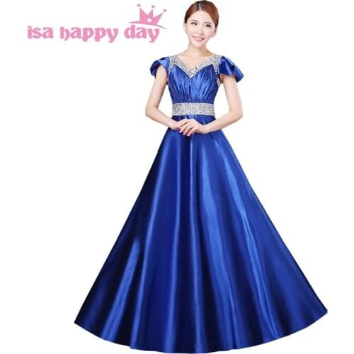 Plus size cheap modest long satin royal blue cap sleeved bridesmaid party dresses for bridesmaids gowns in blue under 50 H2914