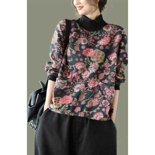 Fleece Thicken Tunic Women Autumn Winter Turtleneck Shirt Vintage Clothes Floral Ladies Tops Loose Casual Blouse Long Sleeve