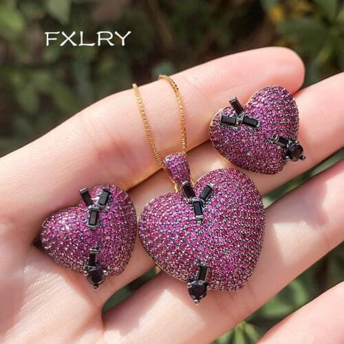 FXLRY Creative Fashion Colorful Zircon heart shape vintage pendant necklace earring jewelry set for women