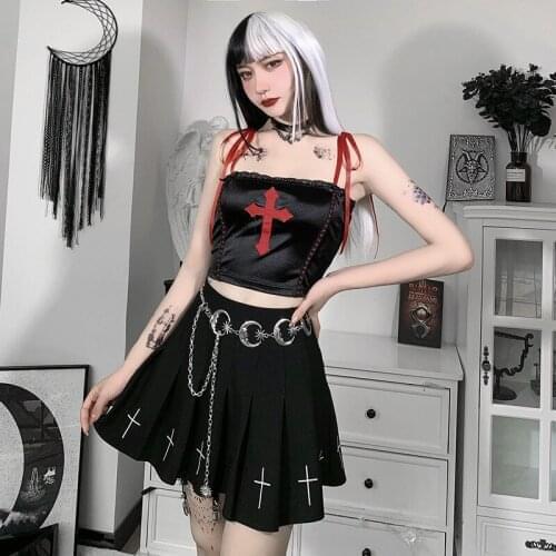Hipster Lady Cross Red Cross Lace Spliced Strap Bow Sexy Camisole Cool Streetwear Dark Gothic Women Short Length Camis 2021